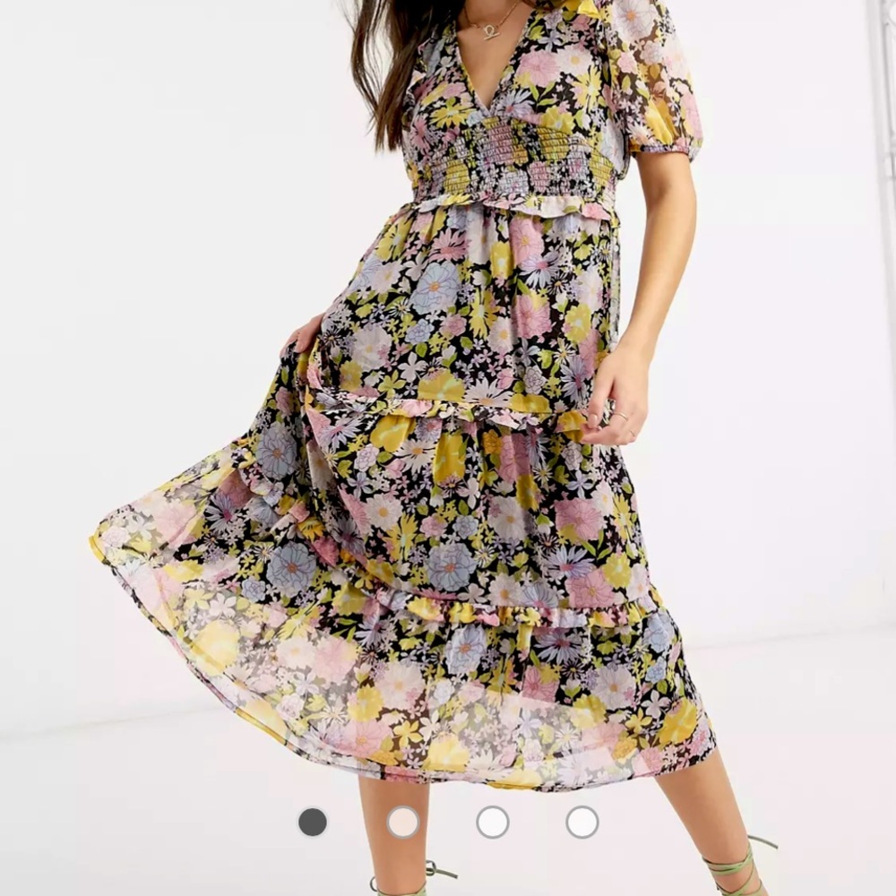 Neon Rose midi dress with tiered ruffle skirt and bow back in floral